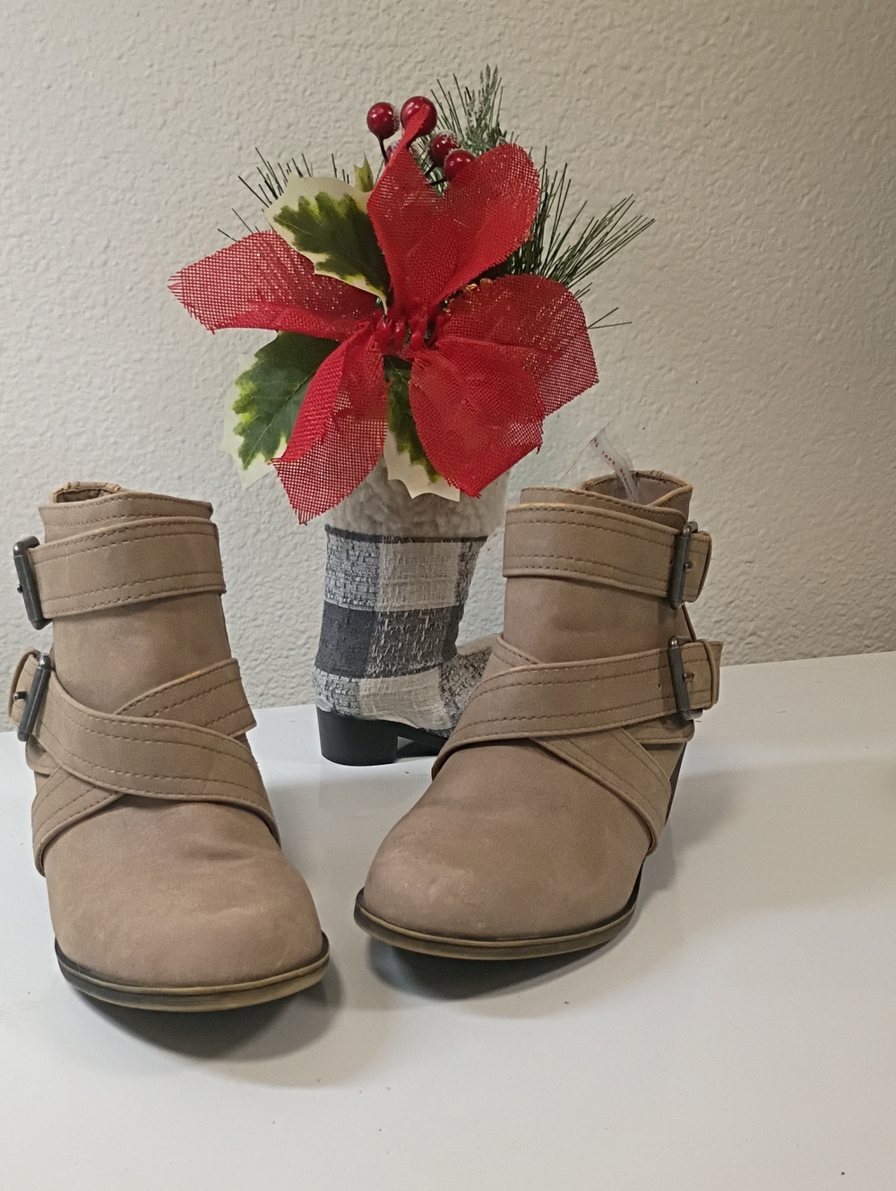 Rampage Taupe Strappy Ankle Booties with Buckle Accents